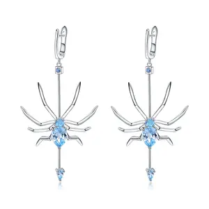 Abiding Natural Sky Blue Topaz jewelry Spider 925 Sterling Sliver Earrings Gothic Punk Drop Earrings Women Animal Jewelry