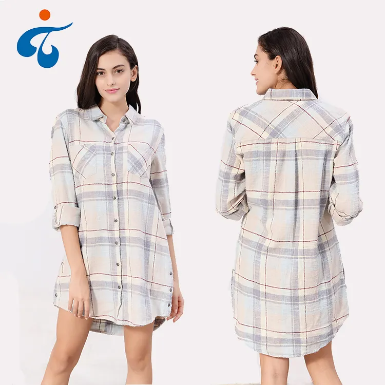 Kualitas Terbaik Nyaman Bahan Katun Linen Kotak-kotak Panjang Kasual Wanita Pakaian Atasan Blus Desain