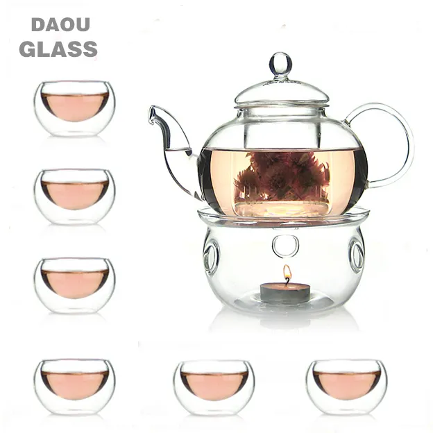 cangzhou glass tea sets with teapot warmer and double wall glass cup ,china tea and coffee set