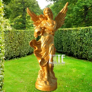 Art levensgrote hars glasvezel brons naakt gold angel lady vrouw met bloempot standbeeld