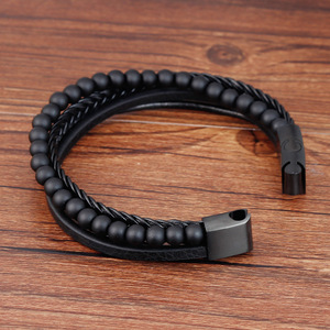 Pulsera de cuero negra con cuentas de meteorito natural para hombre, superventas, 2019 para <span class=keywords><strong>Amazon</strong></span> - Product Image 3