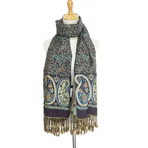 Pashmina Silk Paisley Border Pattern With Tassel Fringes Scarf Shawl Thin Stole Rave Gift for Women Autumn Winter Spring