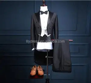 Damat smokin sağdıç Blazer erkek düğün elbisesi balo giyim smokin (ceket + pantolon + yelek) NA31 siyah uzun tarzı erkek takım elbise