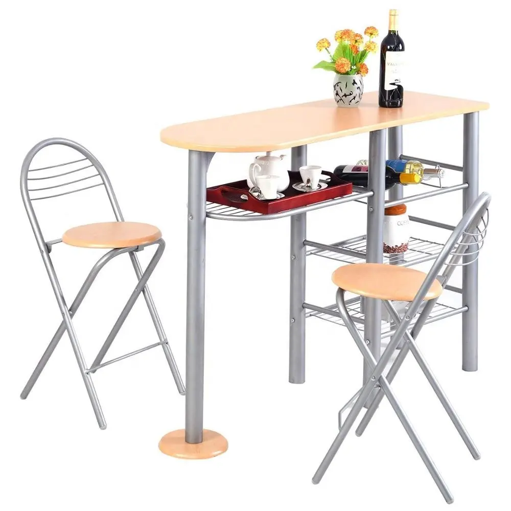 Conjunto de mesa de jantar de madeira 3 peças, com prateleiras de metal de armazenamento com rack de vinho, design com 2 cadeiras dobráveis para armazenamento fácil