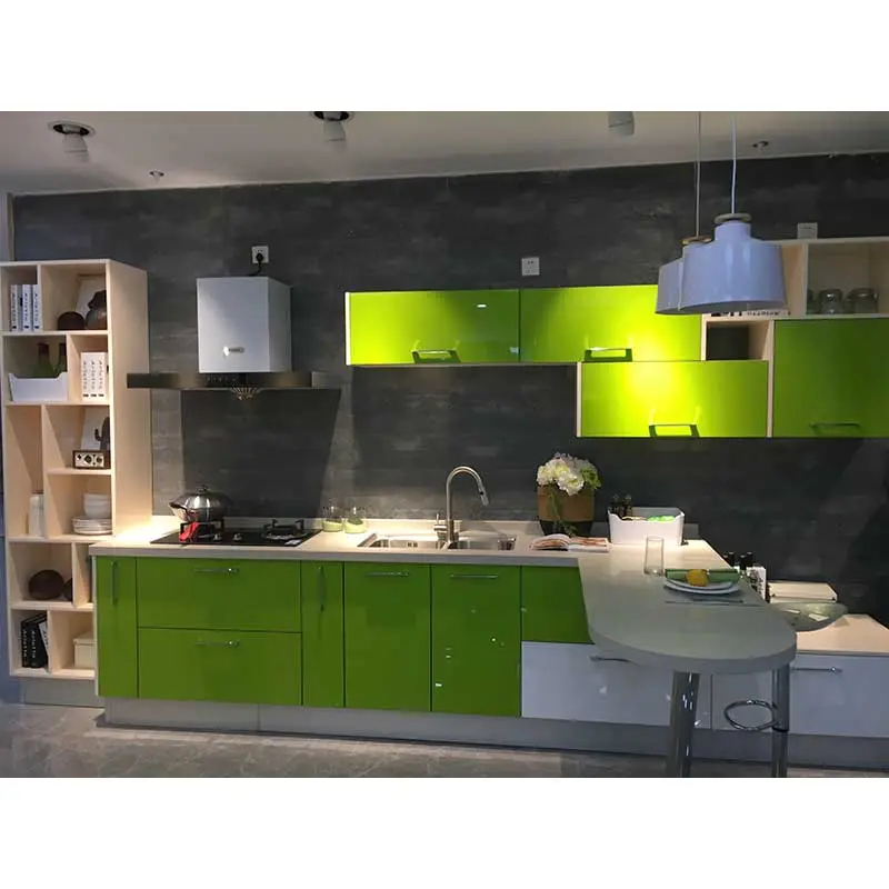 Armário de cozinha modular com porta frontal plana verde laca alto brilho promoção com ilha