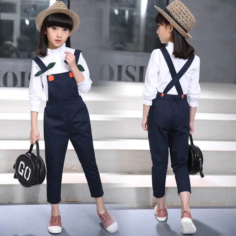 Blus dan Overall Korea Anak, Pakaian Set Kain untuk Oem Putih 2 Buah