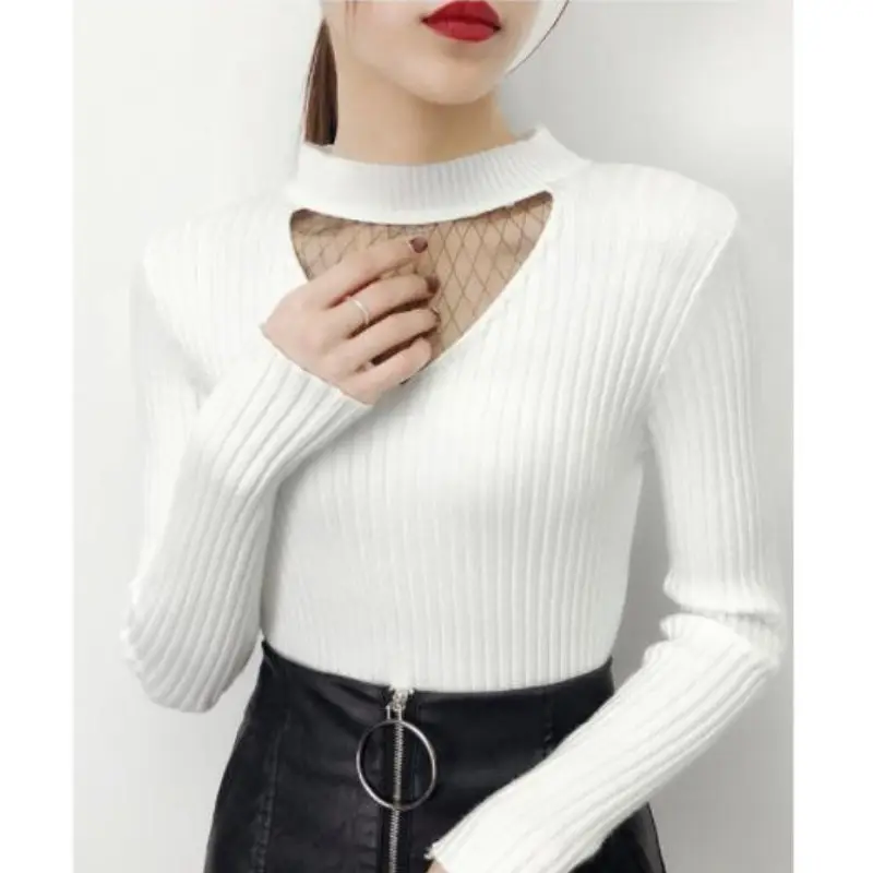 Lace Splice Pullover Sweater Women Wool Knitwear Femme Long Sleeve Tops Korean Fashion Autumn Winter Clothing E2720