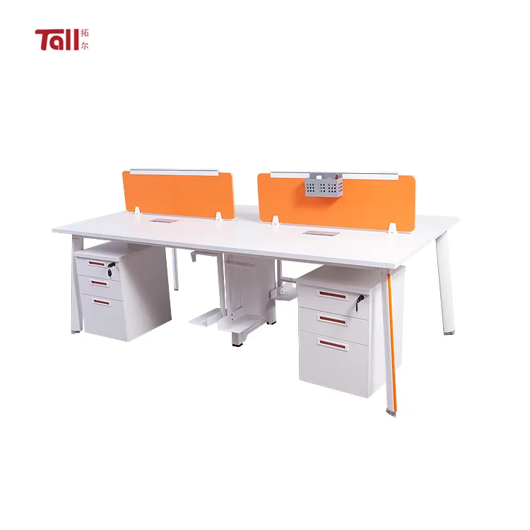 Office Furniture White Office Desk with Orange Screen, 4 Person Office Table Desk