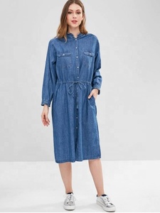 KY Long Light Washed Blue Manga larga Cintura Tie Button up Pocket Shirt Chambray Denim Dress Mujer - Product Image 3