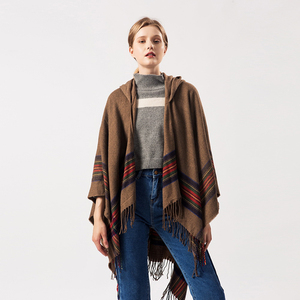 Wholesale Womens Winter Stripe Cardigan Shawls <strong>Poncho</strong> Capes Tassel Cashmere <strong>Ladies</strong> Blanket Hooded Shawl <strong>Poncho</strong> - Product Image 2