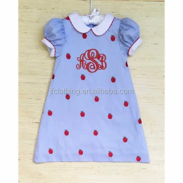 (SM103#blue)2-6Y The newest cotton woven short sleeve dresses apples embroidered dresses