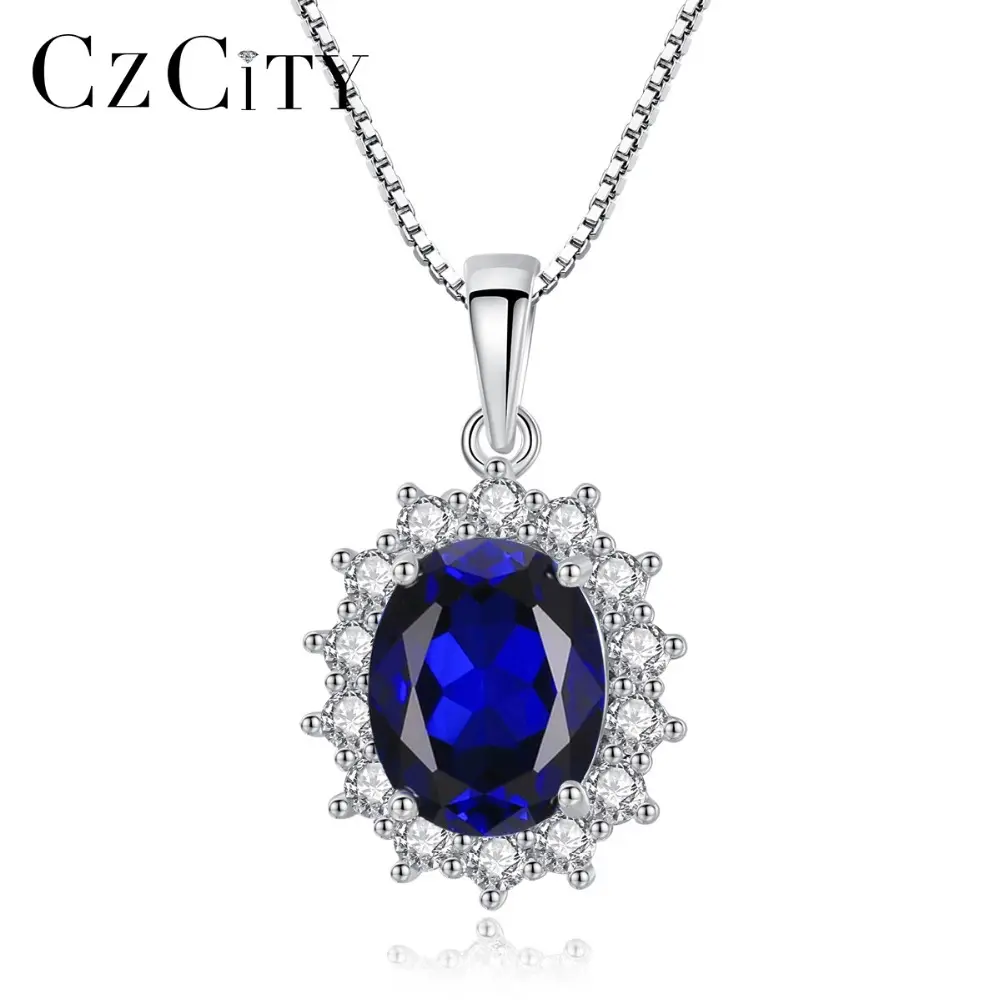 CZCITY Luxurious Blue Sapphire Topaz Princess Diana Solid 925 Sterling Silver Gemstone Necklace Pendant