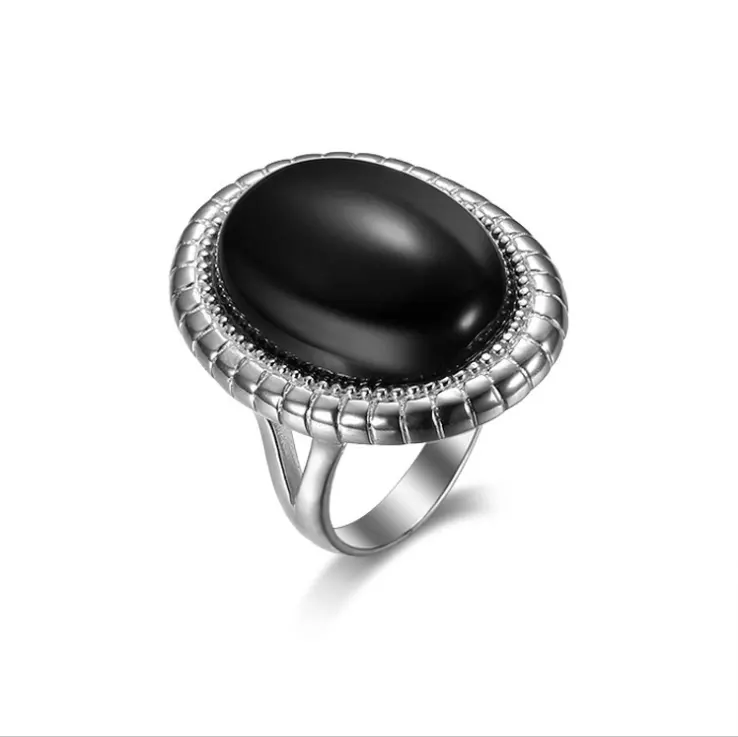 Onier Jewelry 925 silver Turkish black agate rings big stone exaggerated oval agate ring men