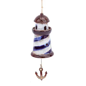 Nautical Decor Blue and White Lighthouse Ceramic Wind Bell Chime