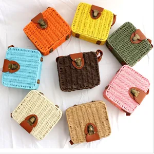 Promotion candy color girls square rattan shoulder bag colorful women rivet weave straw shoulder crossbody bags