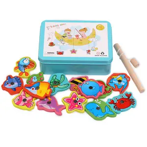 15pcs children sea life educational wooden magnetic fishing game toy for toddlers Preschool Educational Toy