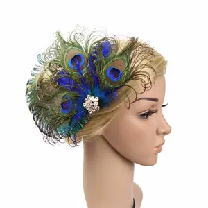 Pelo al por mayor accesorios Fascinator plumas de pavo real pelo clip horquillas para las niñas