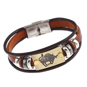 Bracciale in Pelle con Charm dei 12 Segni Zodiacali, Fibbie in Acciaio Inox, Perline in Ematite, Vendita all'Ingrosso - Product Image 6