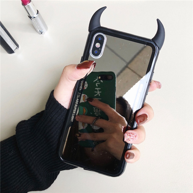 Luxury Cute 3D Hard Acrylic Cow Horn Mirror Phone Case for iPhone