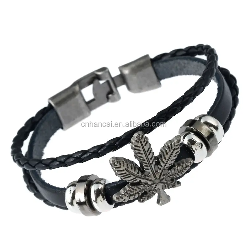 Womens and Mens Bracelet Black 3 Strands Rope Handmade Leather Friendship Wristband Maple Leaf Charm Surfer
