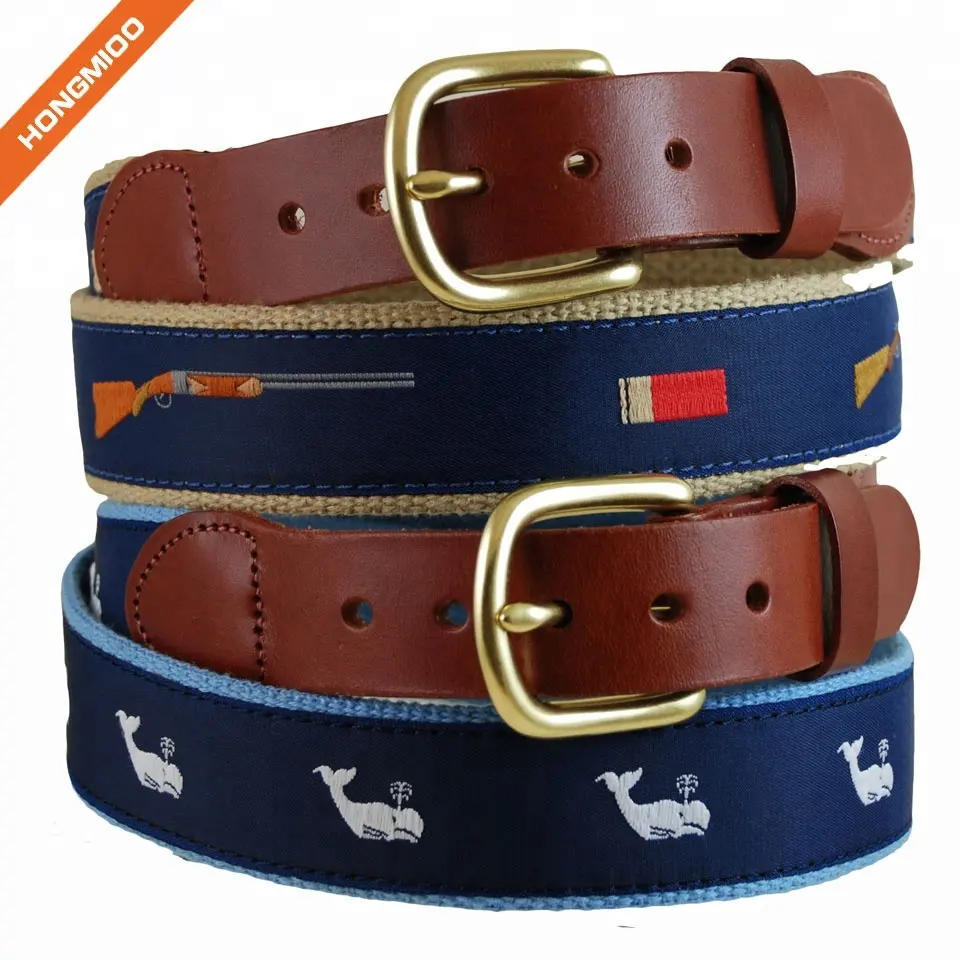 Ceinture en cuir fendue de couleur bleu marine pour hommes, à incrustation de ruban, motif vif