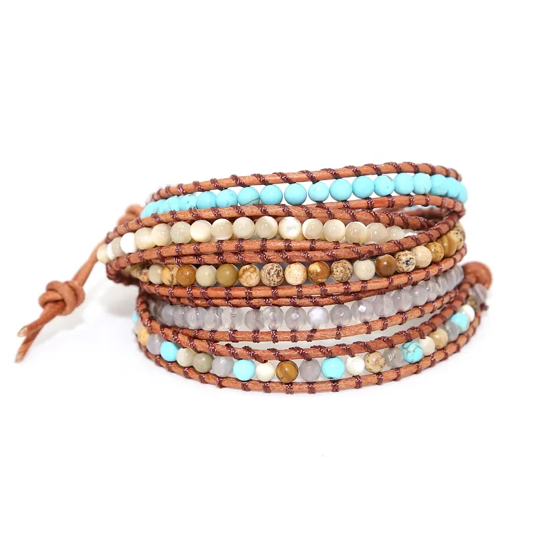 Wholesale 5 Strands 4mm Natural Stone Bead Handmade Leather Wrap Bracelet Boho Bracelet Unique bracelet for Gift