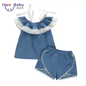 Hao Baby Toddler Wear 2022 New Summer Girls' Neckline Lace Halter Top Infant Heart-Shaped Denim Shorts Suit