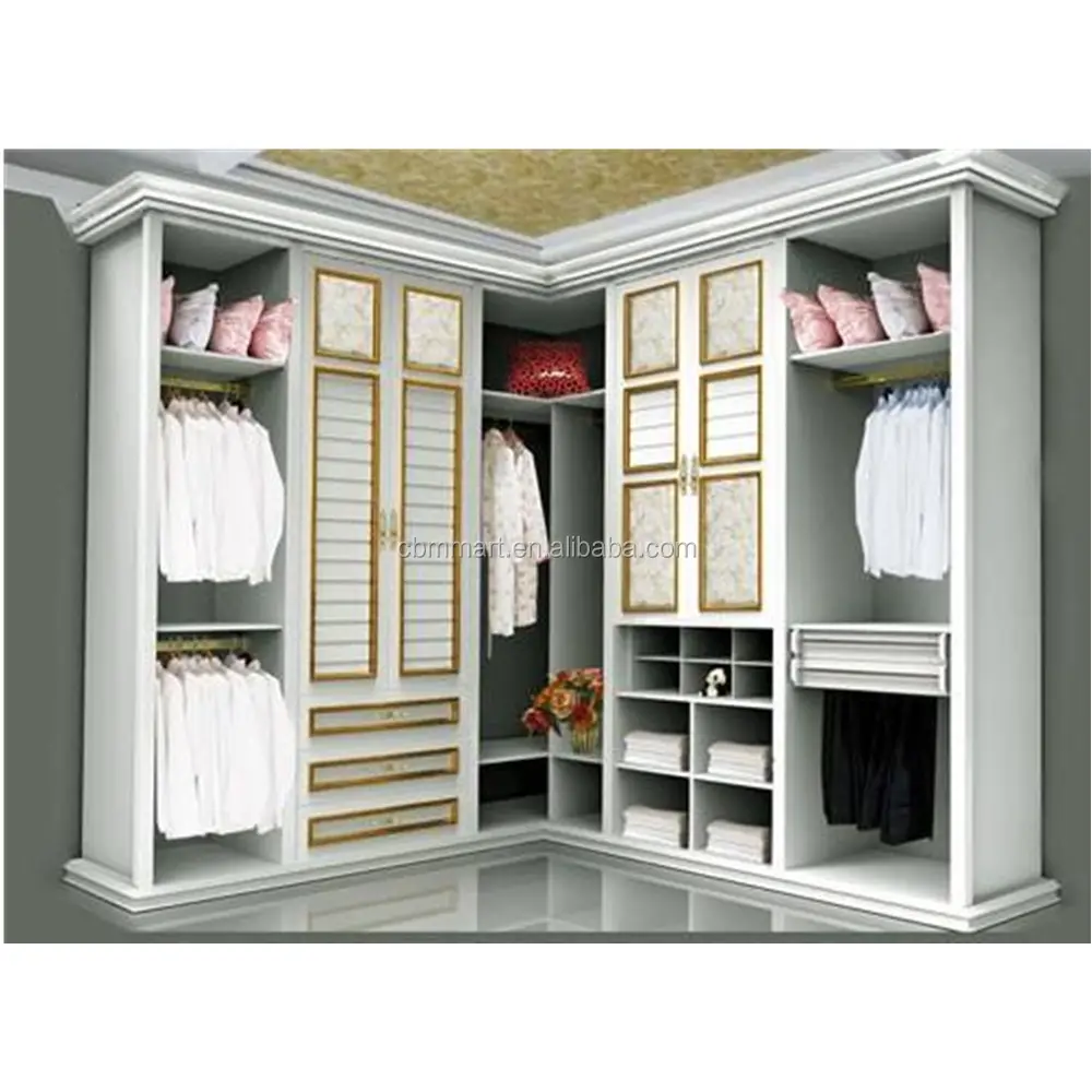 Solução de parada, estilo antigo, cor branca, quarto em forma de l, design de guarda-roupa, quarto