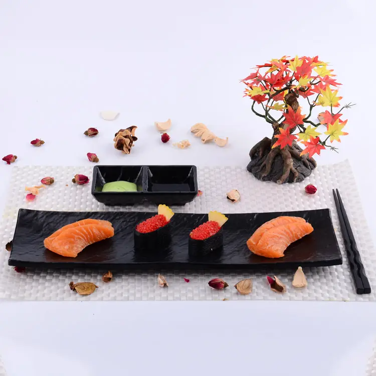 High quality cheap boat shape japanese korean style restaurant black rectangular snack sushi serving melamine ware dish plate