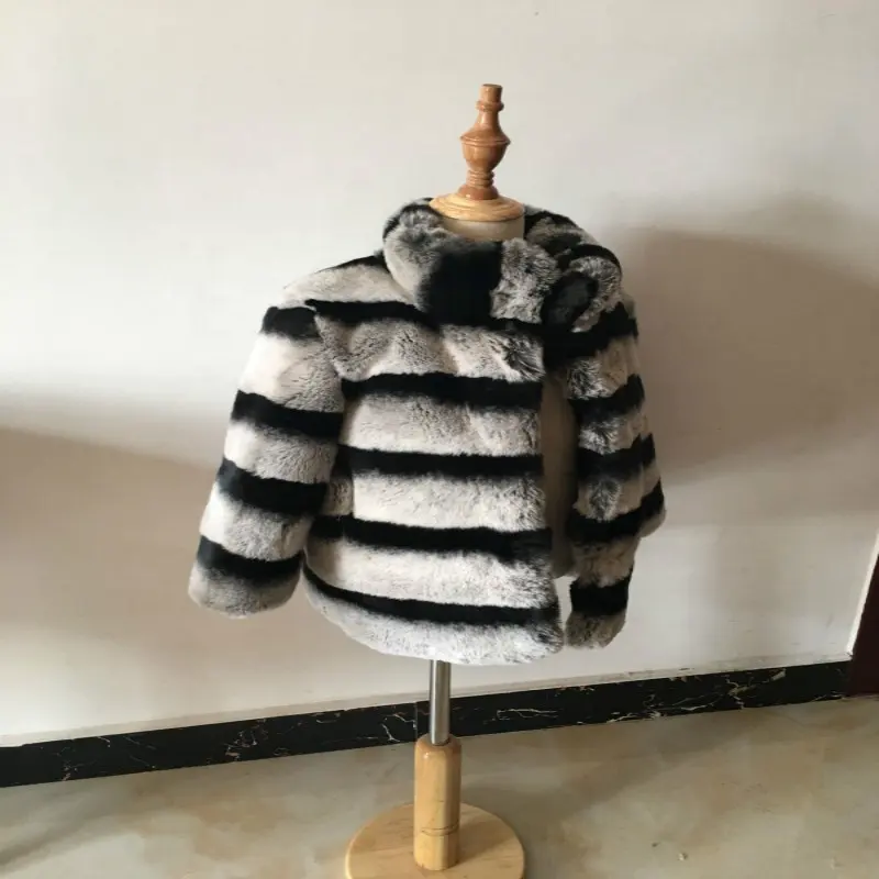 Kid style Winter Real Rex Rabbit Fur Dyed Chinchilla Fur Coat