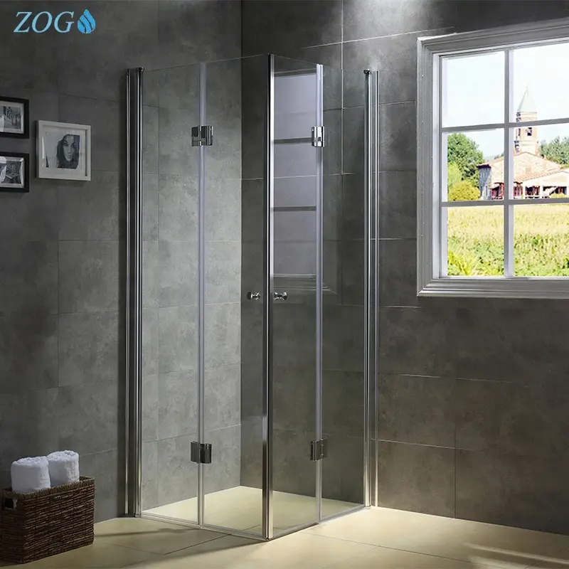 Puerta de ducha plegable con doble oscilación, vidrio templado, pivote