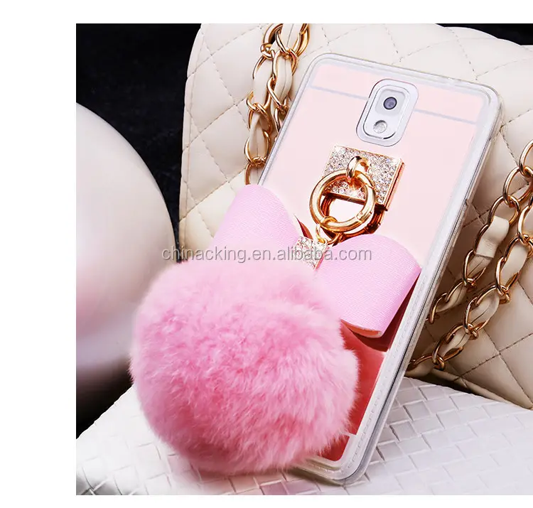 Rabbit Fur Ball Crystal Holder Mirror Phone Back Cover Case For Samsung Galaxy Note 5 6 8 9 10 S5 S6 S7 S8 S9 S10 S20 Plus