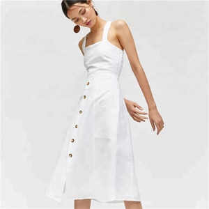 Donne Croce Bianca Posteriore Con Bottoni In Cotone E Lino Vestito Longuette - Product Image 6