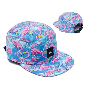 Fashion design your own pattern woven label flamingo 5 panel hat