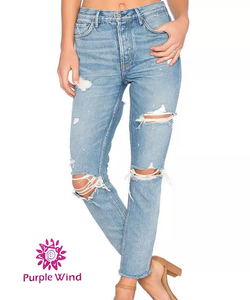 Pantalons usés en coton pour filles à la mode Jeans déchirés au genou pour femmes Jeans détruits - Product Image 1