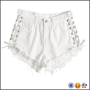 KY Summer Lady <strong>White</strong> Low Waist Zipper Fly Lace up Cutoffs Ripped <strong>Jeans</strong> <strong>Shorts</strong> - Product Image 2