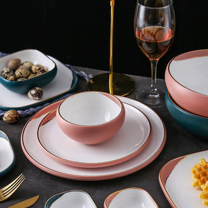 Juego de vajilla de boda de lujo americano, juego de porcelana esmaltada, Rosa mate y verde, conjunto de cena de cerámica - Product Image 3