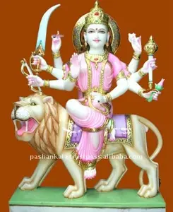 Latest Production Of Pure Makrana White Marble Colorful Shera Wali Mata Sitting On Lion Murti For Temple