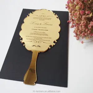 High Quality Handheld Mirror Shaped 123*238mm Laser Engraved Letters Golden Mirror Acrylic Wedding Invitation Card
