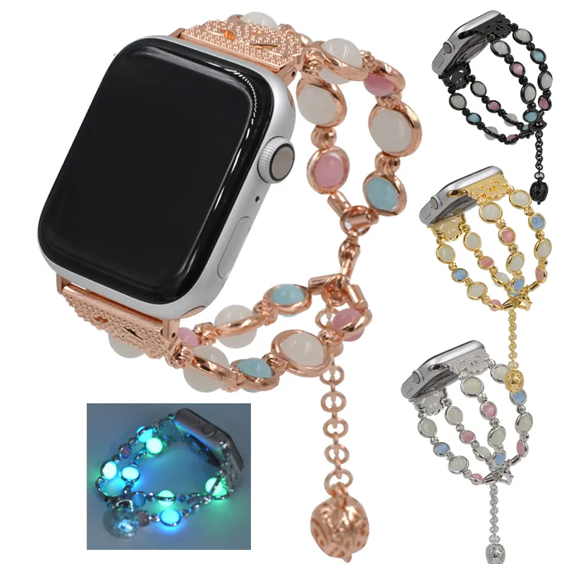Handmade Luxury Luminous Charms Pearl Bracelet Women Gems Stones Smart Watch Band Straps For Apple Watch Band 8 7 49mm 45mm 40mm