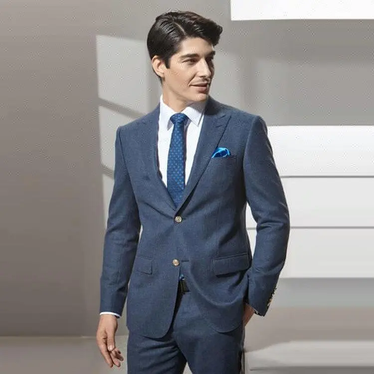 Terno de casamento azul marinho estilo regular, roupa de noivo 100% lã de alta qualidade.