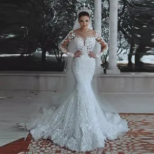 Escopo aplique frisado meio leste, de casamento, robe de mangas compridas, vestido de casamento sereia mwa277