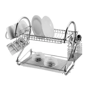 Kitchen Use Large Capacity Stainless Steel Chrome Plated Metal Wire 2 tier dish drying rack for Cutlery Cup Bowl