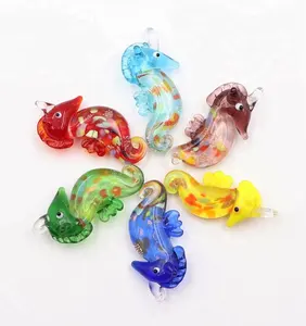 35mm Length Small Sea Horse Figurines Lampwork Glass Colorful Charms w hook Gold Sands Seahorse Focal Jewelry Necklace Pendants