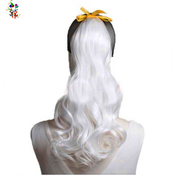 Дешевые дамы фантазии платье серебристо-белый длинные вьющиеся синтетические волосы "конский хвост HPC-0182