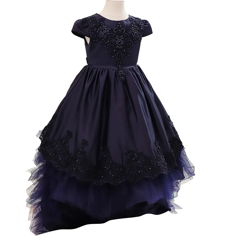 NIMBLE Beaded Satin Navy Luxury Children Clothing Flower Girls Wedding Trailing Dresses Baby Kids Evening Party Long Frock Gown