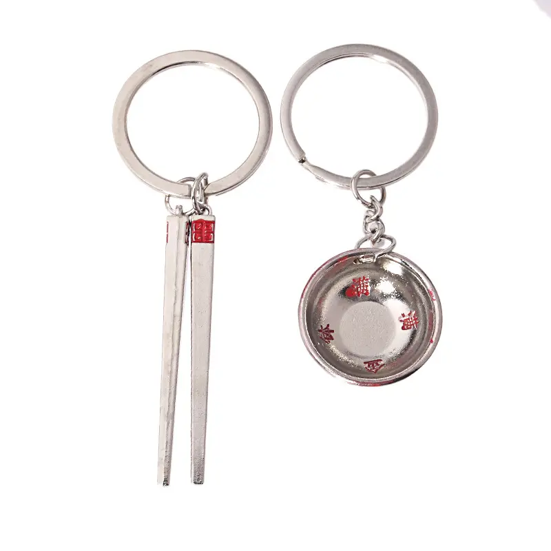 Promotional Zinc Alloy Keychain Bowls And Chopsticks Key Chain Ring Lover Couple Metal Keychain