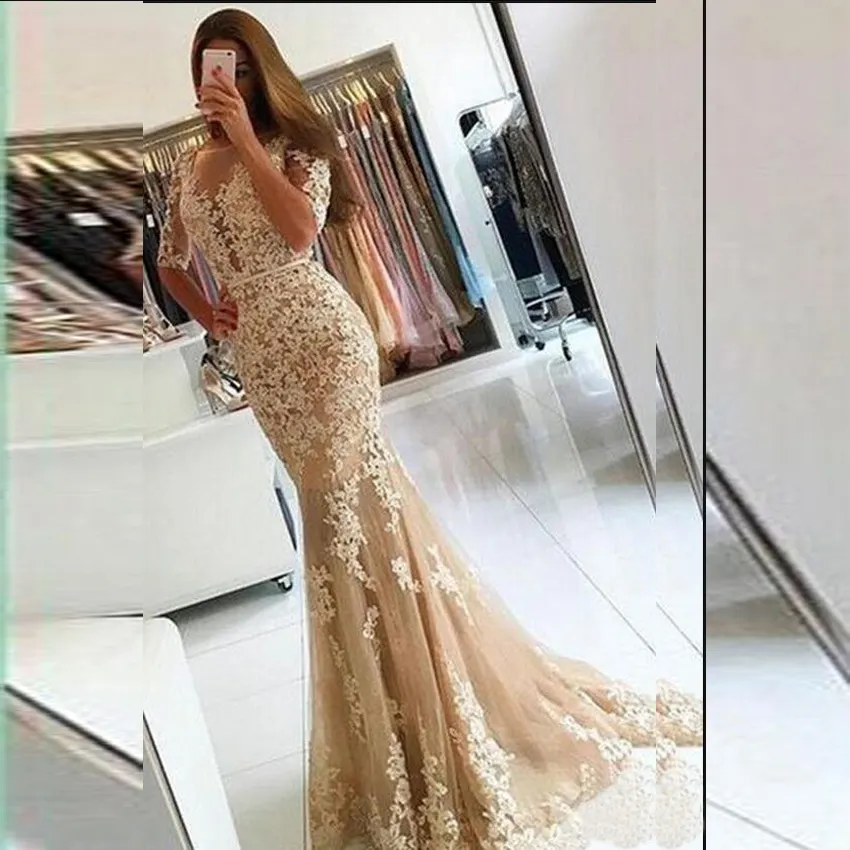 Morili Nieuwe Stijlen Goedkope Geappliceerd Lace Kralen Mermaid Plus Size Avond Cocktail Champagne/Rood Half Sleeve Prom Jurk MPA25