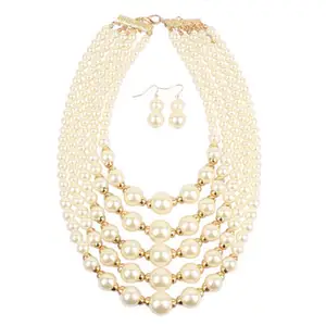 2019 Five Layer Chain Necklace And Earring Sets Gold Plated African Style Beading Pearl Jewelry Set For Bridal