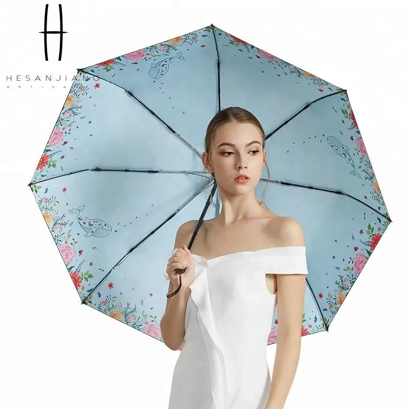 Hoge Kwaliteit 3 Opvouwbare Handmatige Paraplu Bloemmotief Uv Coating Paraplu Zon Paraplu Voor Dames